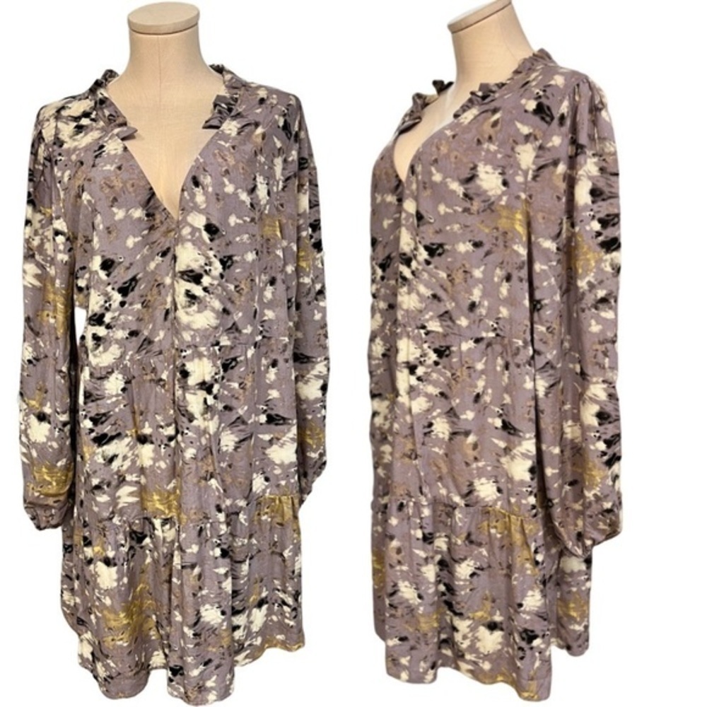 True Craft Lavender Long Sleeve Rayon Dress with Watercolor Pattern